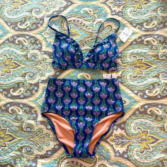 New J. Crew printed high waist bottoms ruffle top bikinis swim set XS RBM - Picture 1 of 8